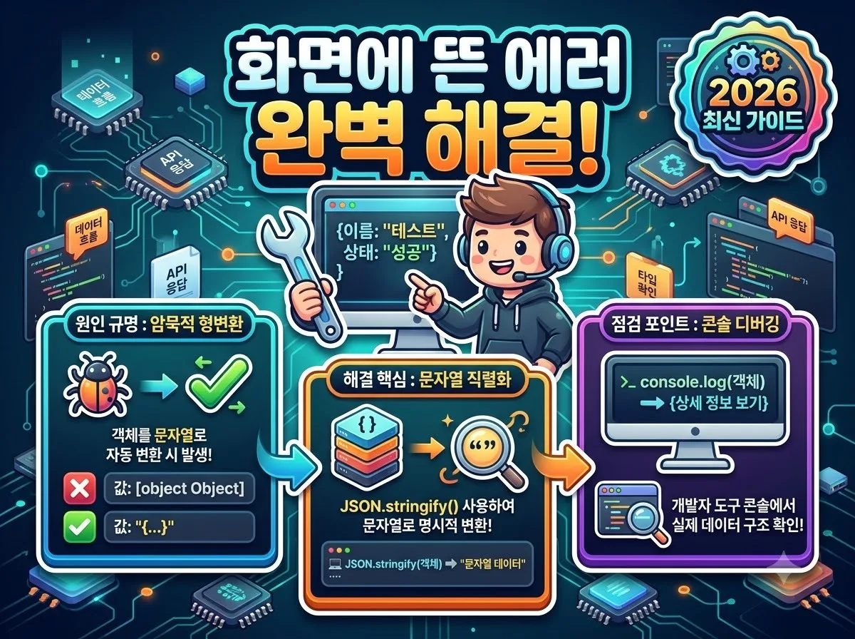 자바스크립트 object Object 에러 발생 원인과 해결 팁을 정리한 2026 개발자 가이드 인포그래픽 썸네일