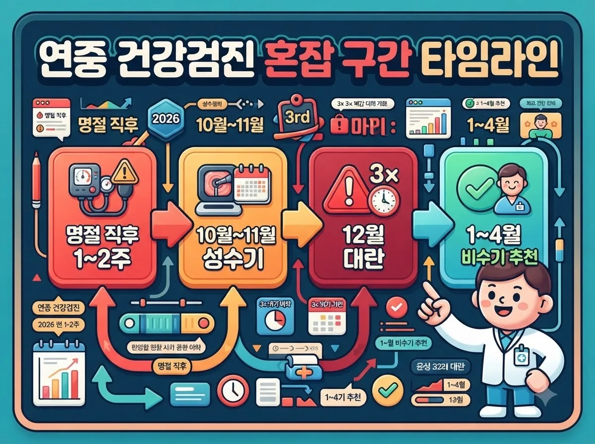 명절 직후와 하반기 성수기 등 건강검진 예약 시 반드시 피해야 할 시기별 혼잡도 타임라인 인포그래픽