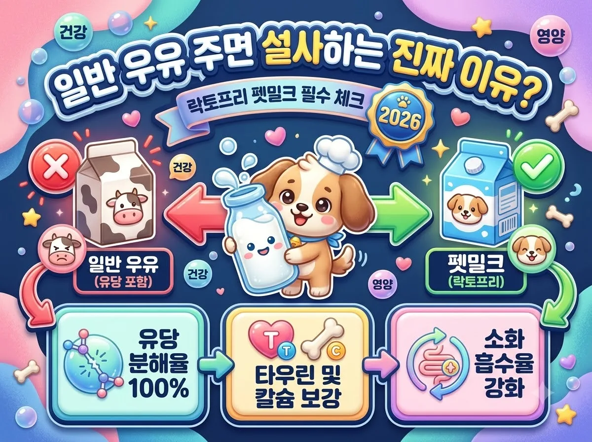 강아지 전용 락토프리 우유와 일반 우유의 유당 소화 차이점 및 영양 성분을 한눈에 비교 정리한 인포그래픽 포스터 이미지입니다.