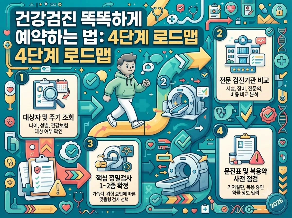 부모님 효도 검진을 성공적으로 예약하고 진행하기 위한 대상 조회부터 사전 복약 확인까지 4단계 실행 로드맵 안내도입니다.