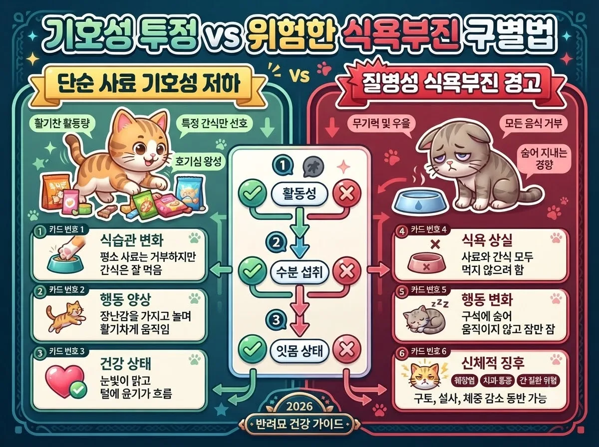 고양이 단순 사료 편식과 병적 식욕부진 증상의 차이점 및 구별 체크리스트 안내도