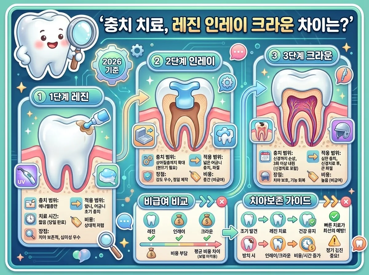 레진, 인레이, 크라운 충치 치료 단계별 적정 기준과 보철물 선택 가이드를 한눈에 비교 정리한 인포그래픽