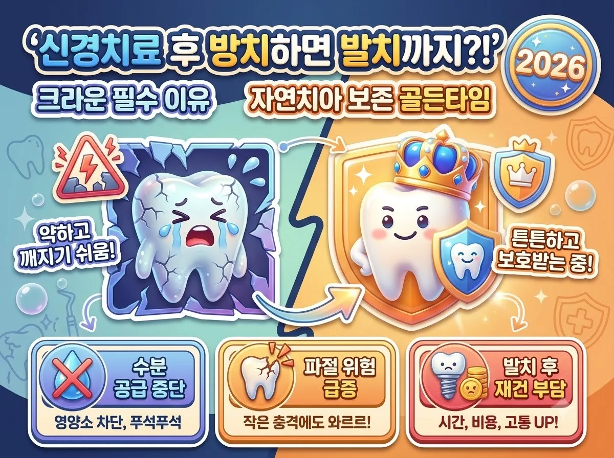 신경치료 후 치아 크라운 수복의 중요성과 미치료 방치 시 발생하는 치아 파절 및 발치 위험을 비교 설명하는 2026 건강 인포그래픽 포스터