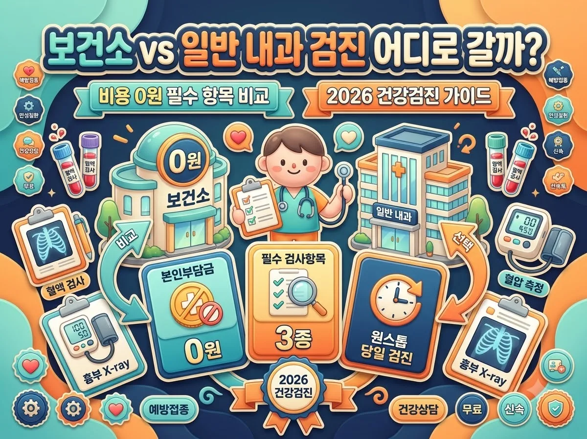 보건소와 일반 내과 건강검진의 비용 0원 대상 항목과 기관별 차이점을 한눈에 비교하는 2026 인포그래픽 포스터입니다.