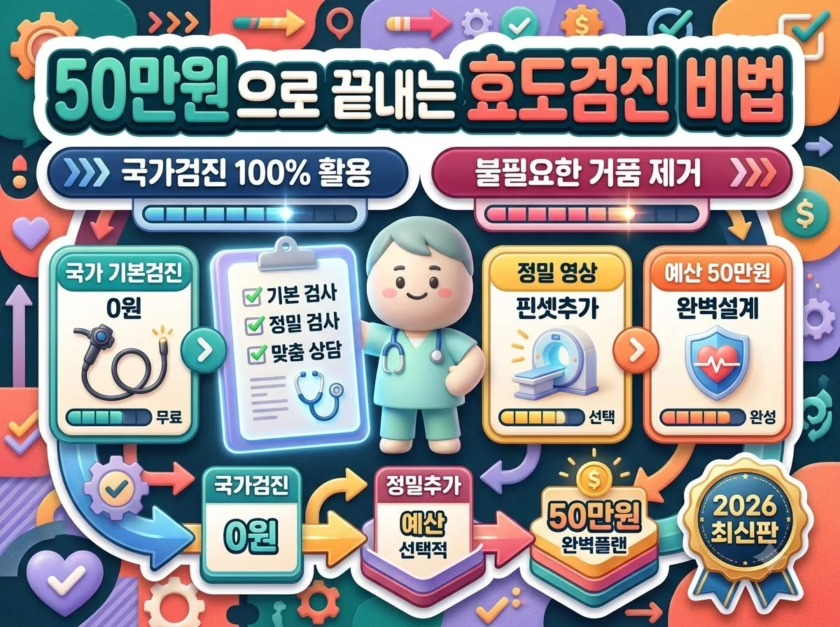 부모님 건강검진 예산 50만 원으로 국가검진과 필수 비급여 정밀 검사를 알뜰하게 조합하는 핵심 전략 인포그래픽 포스터입니다.
