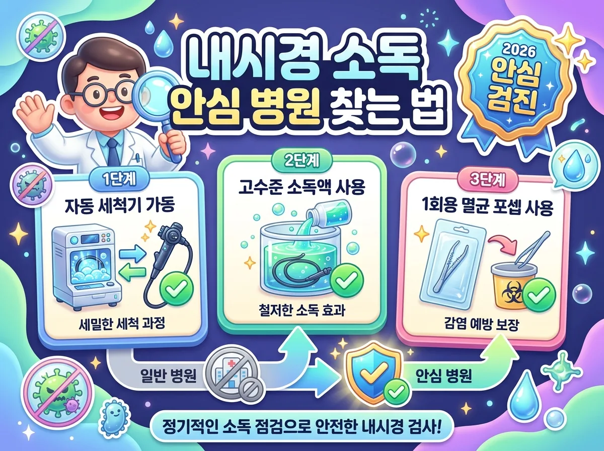 2026년 기준 내시경 소독 상태 확인법과 우수내시경실 인증 병원 선별 기준을 정리한 인포그래픽 썸네일