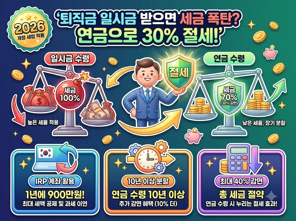 퇴직연금 IRP 일시금 수령과 연금 분할 수령 시 퇴직소득세 30퍼센트 절세 혜택을 비교한 인포그래픽 썸네일