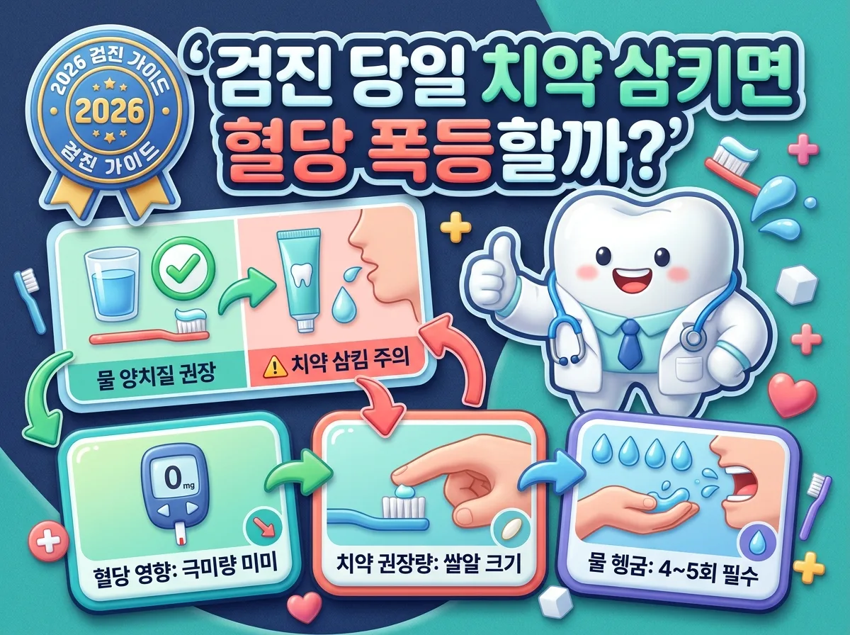 건강검진 당일 아침 치약을 삼켰을 때 공복 혈당 변화와 올바른 양치 수칙을 설명하는 인포그래픽 썸네일 포스터