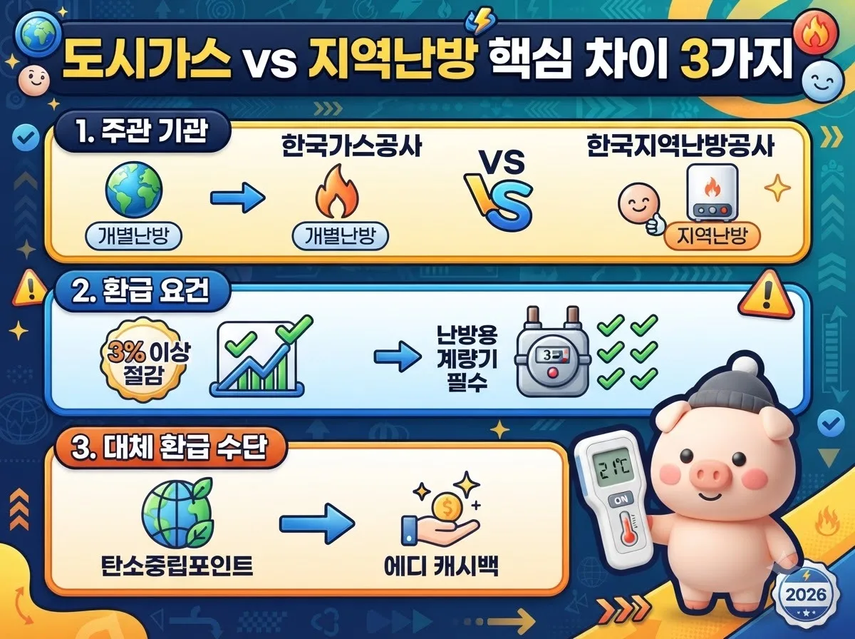 개별 도시가스와 지역난방 공급 방식의 세 가지 핵심 차이점 및 지원 기준을 일목요연하게 비교 분석한 상세 인포그래픽 이미지입니다.