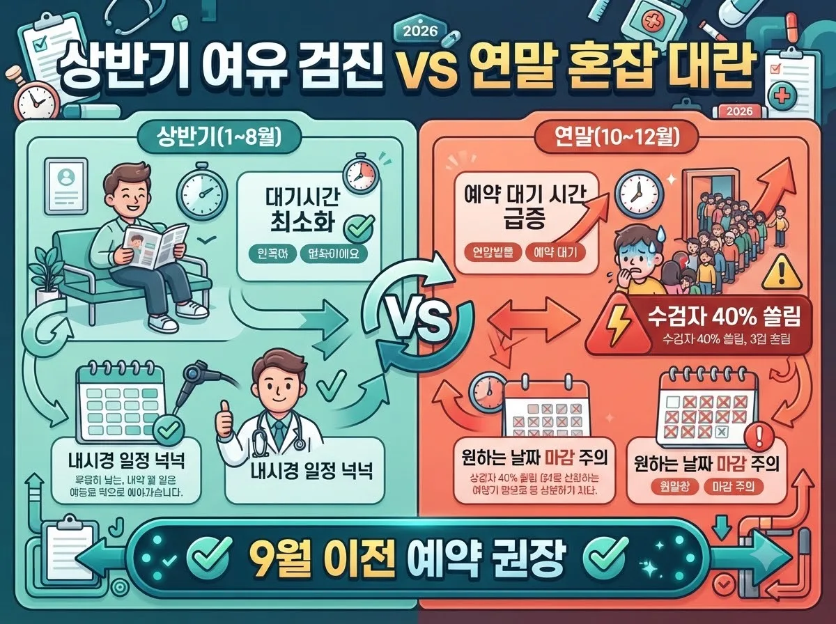 상반기 여유로운 검진과 연말 4분기 집중 혼잡도를 비교하여 조기 예약의 장점을 강조한 인포그래픽