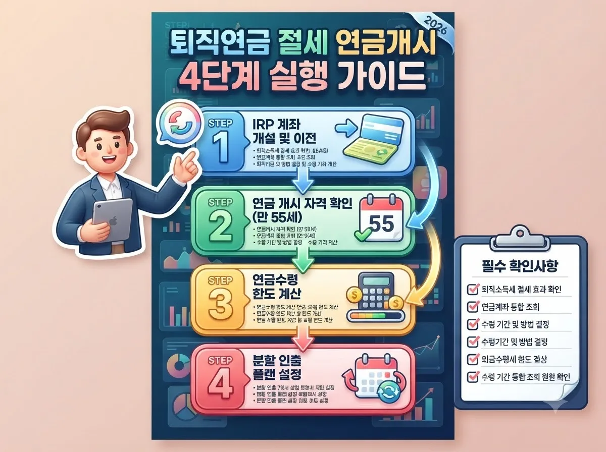 퇴직연금 IRP 이전부터 연금수령 한도 계산 및 분할 인출까지의 4단계 실행 절차를 정리한 인포그래픽