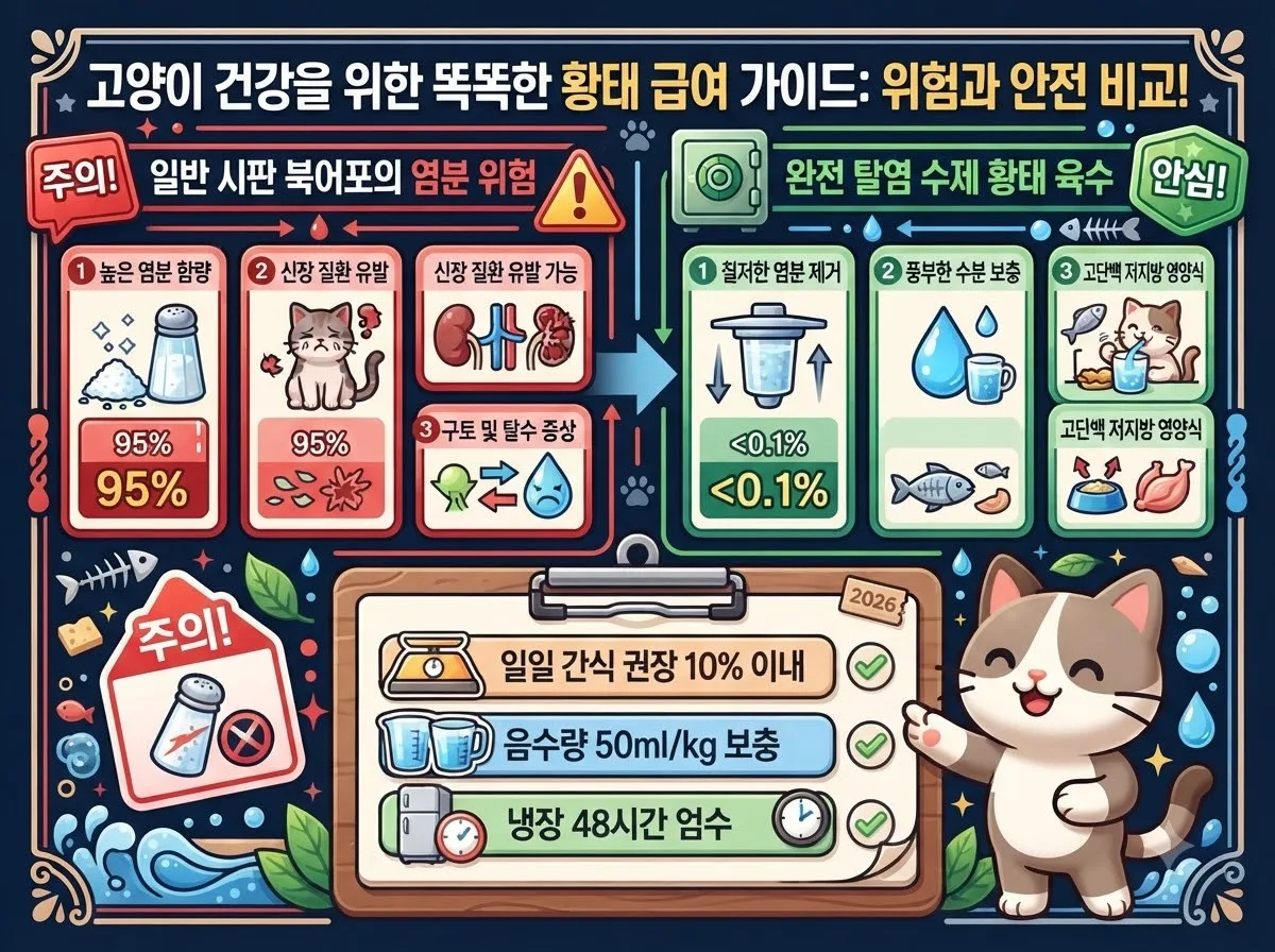 일반 건어물 급여 위험성과 탈염 황태 육수 급여량 및 보관 기한 수칙을 비교한 인포그래픽