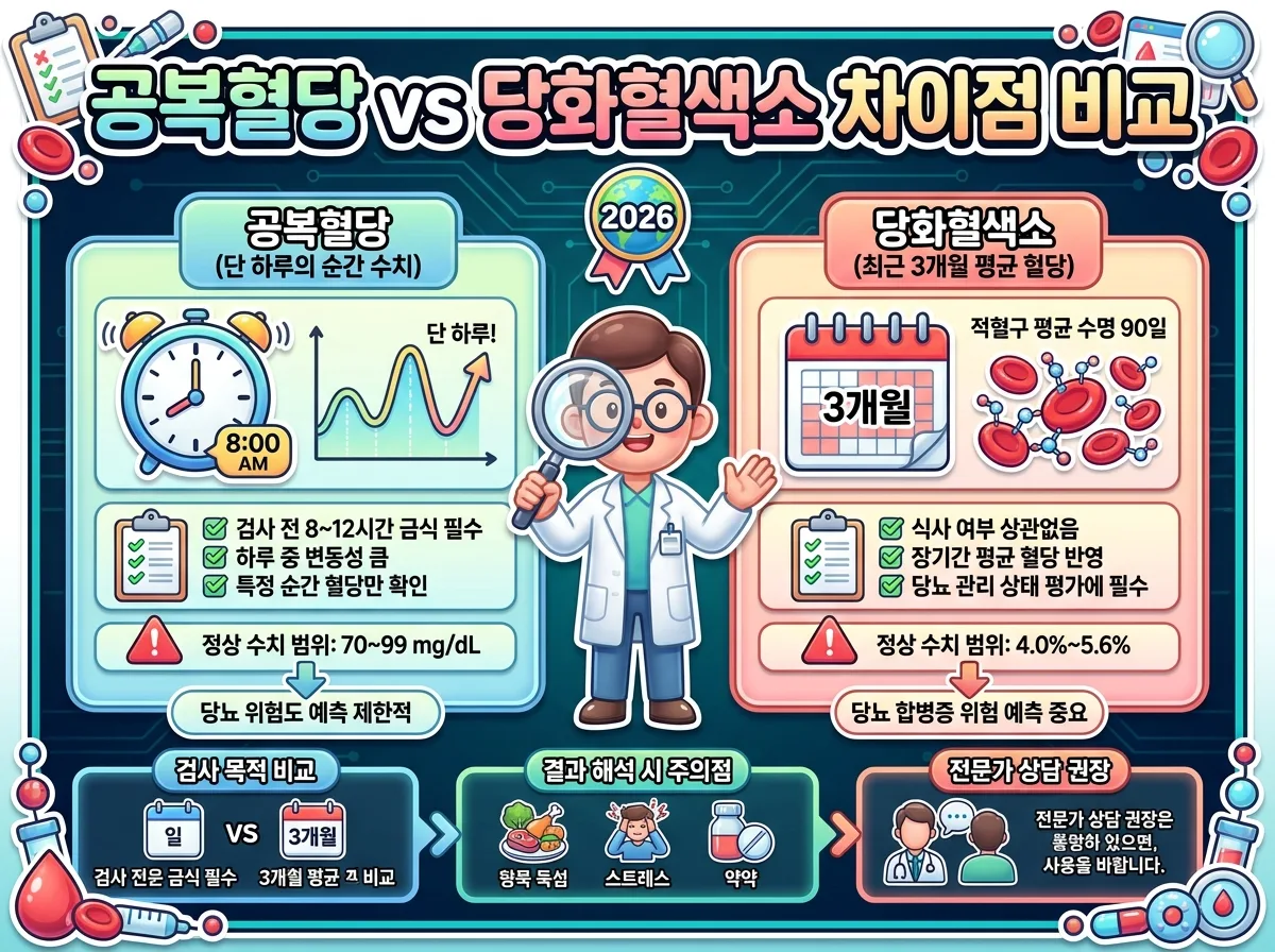 일시적인 당 수치를 보여주는 공복혈당과 최근 3개월 평균을 반영하는 당화혈색소 검사의 특징을 비교한 설명 이미지입니다.