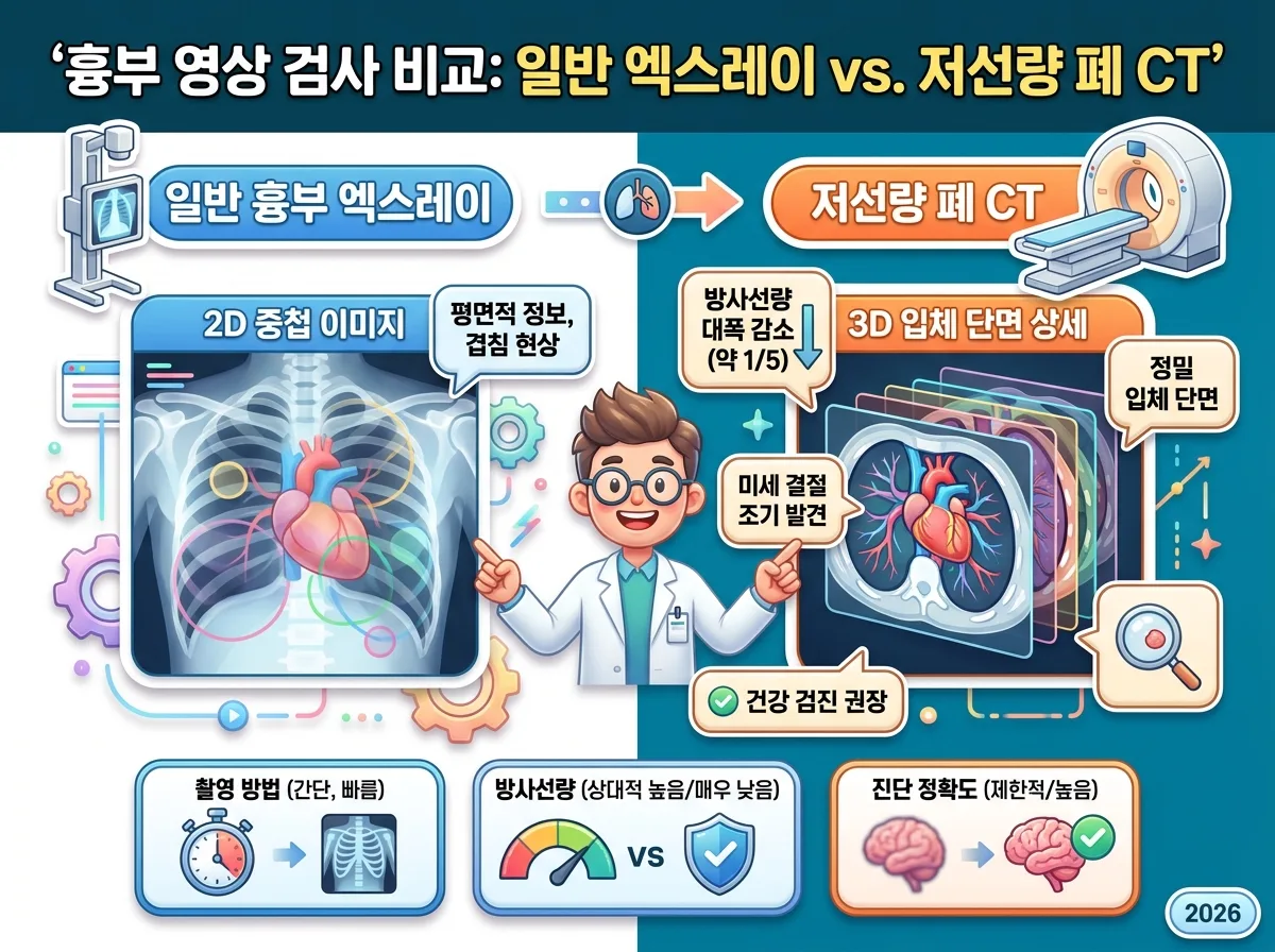 일반 흉부 엑스레이와 저선량 폐 CT 검사의 방사선량 및 정밀도 비교 인포그래픽