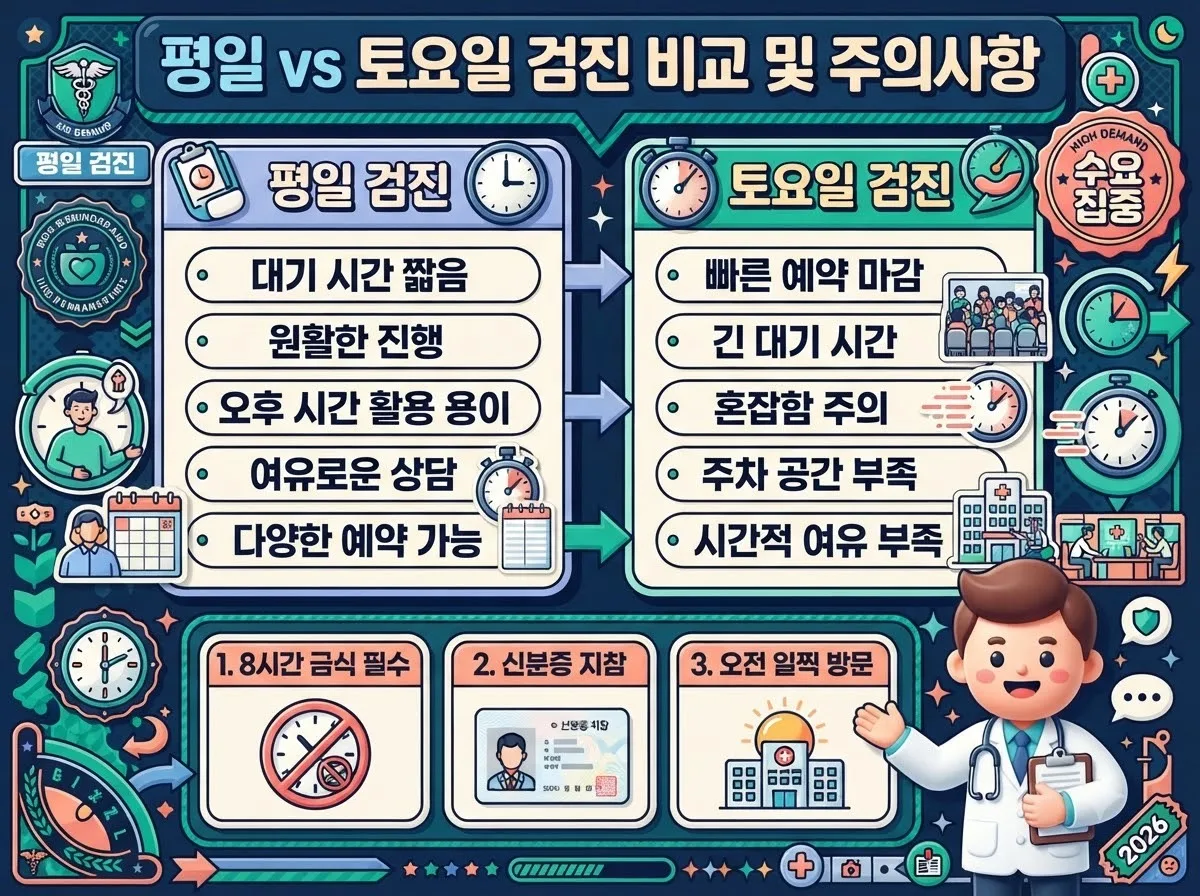 평일과 토요일 검진의 운영 시간과 대기 차이를 비교하고 금식 시간과 신분증 지참 등 검진 당일 원활한 진행을 위한 필수 준비 수칙을 담은 안내도입니다.