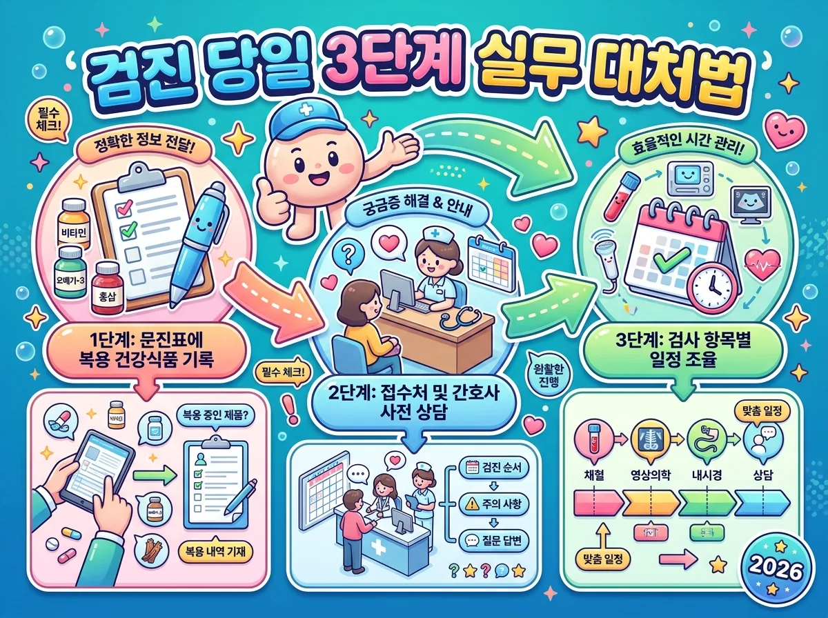 검진 전날 약을 복용한 경우 당일 문진표 작성부터 상담까지 진행하는 3단계 실무 대처 순서도