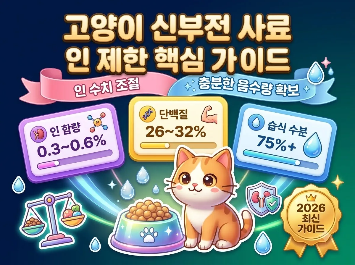 신부전 고양이를 위한 인 제한 처방식 사료 선택 기준과 필수 영양소 수치를 한눈에 요약 정리한 인포그래픽 포스터 안내 이미지입니다.