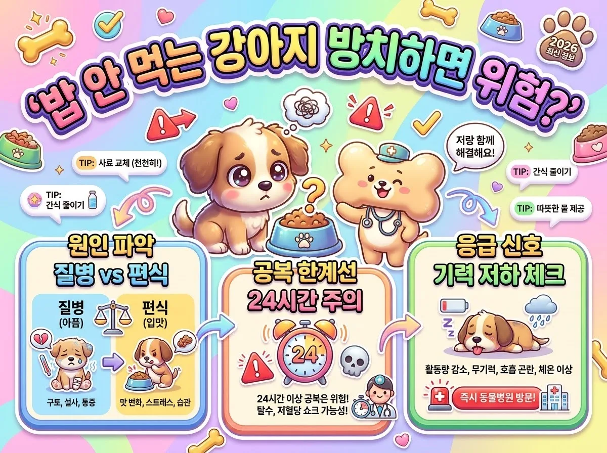 강아지가 사료를 거부할 때 원인과 골든타임 대처법을 한눈에 알기 쉽게 정리한 3D 캐릭터 인포그래픽 포스터 이미지입니다.