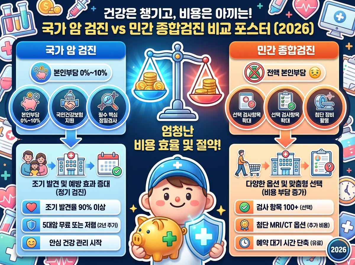 국가 암 검진과 민간 종합검진의 본인부담 비용 구조와 혜택 차이를 비교한 인포그래픽