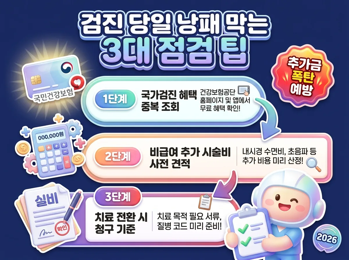 건강검진 예약 전 필수 확인 사항인 국가검진 중복 여부와 비급여 추가 비용 및 실손보험 청구 기준 안내 체크리스트