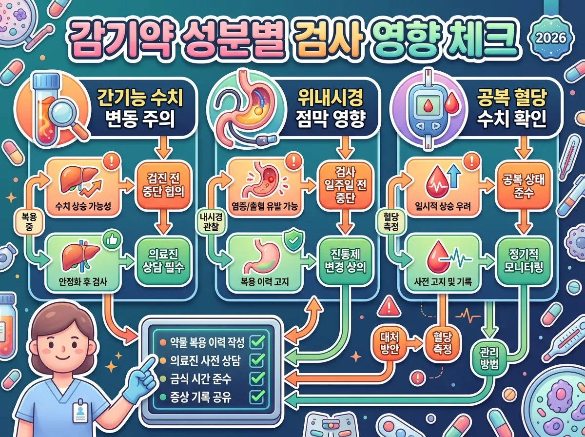 감기약 복용 시 간기능 검사와 위내시경 및 혈당 수치에 미치는 영향을 비교한 정보성 인포그래픽