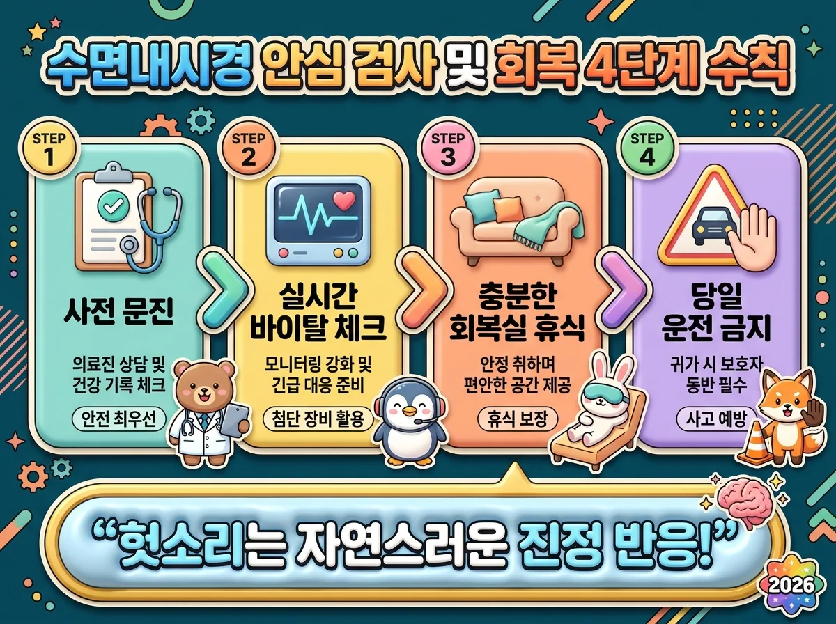 수면내시경 전후 헛소리 걱정을 줄이고 안전하게 회복하기 위한 단계별 행동 요령 인포그래픽