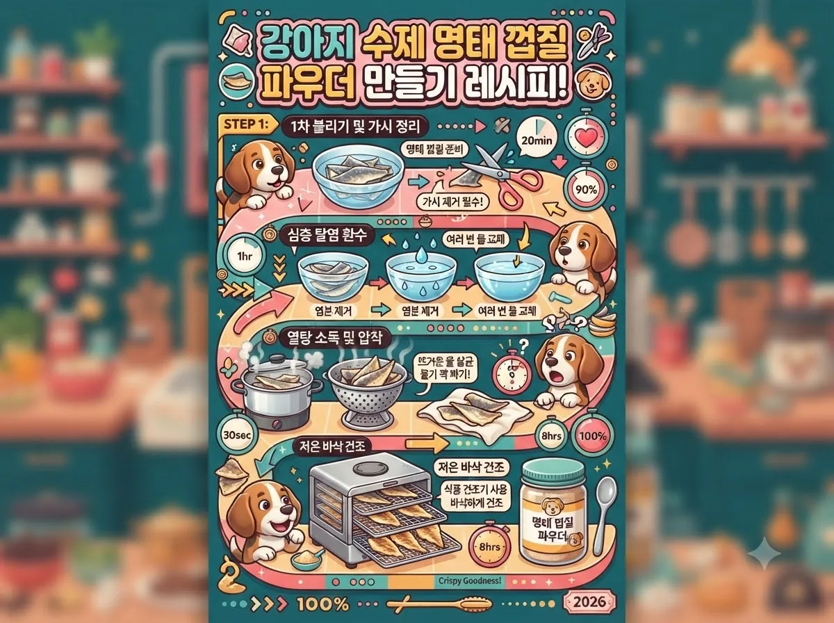 불리기와 탈염부터 열탕 소독 및 저온 건조까지 강아지 북어껍질 가루를 완성하는 체계적인 4단계 조리 과정 인포그래픽