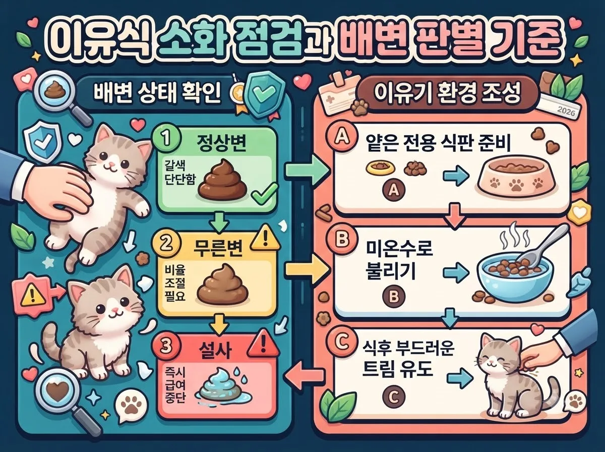 이유식 급여 시 정상 배변과 무른변의 차이를 구별하고 소화기 건강을 관리하는 식사 환경 체크리스트입니다.