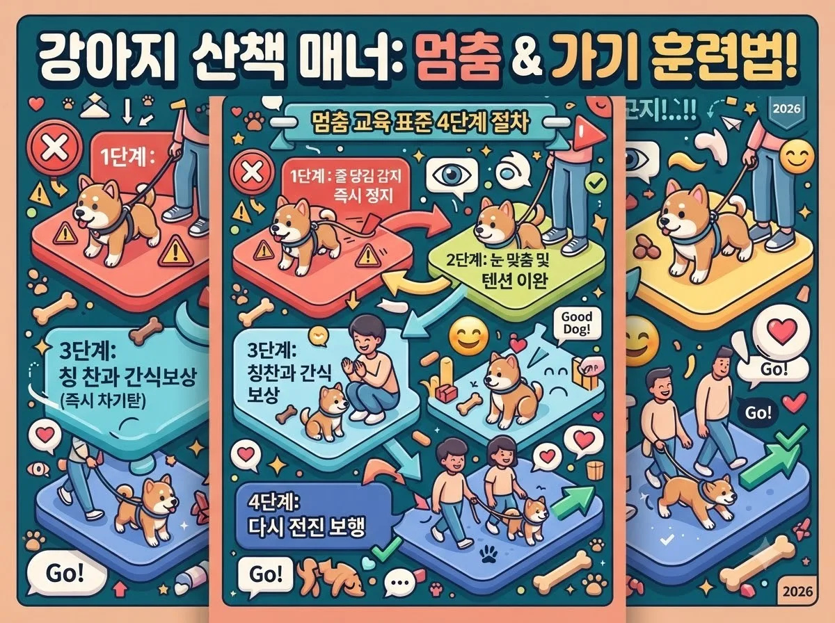 반려견 줄 당김 발생 시 즉시 멈추고 텐션을 이완한 뒤 보상하며 다시 걷는 멈춤 교육 4단계 절차도
