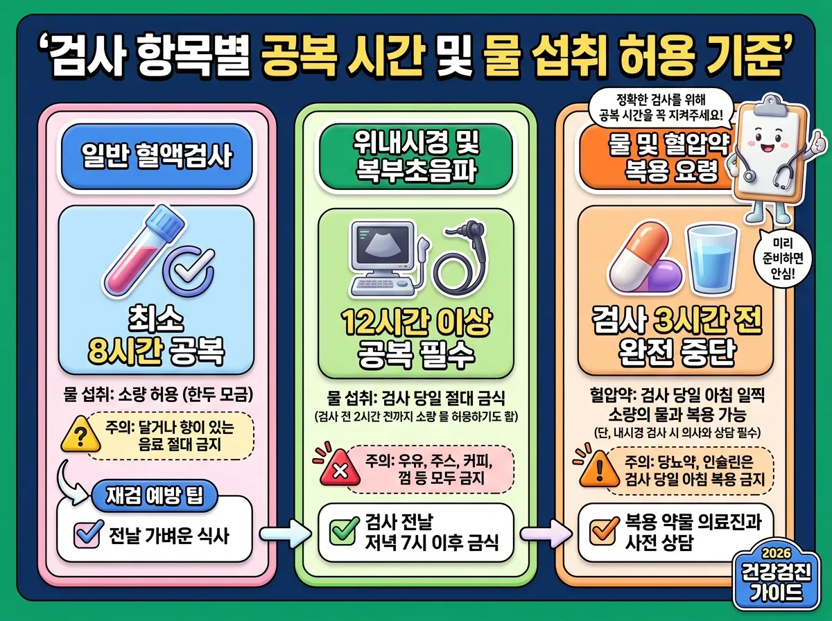 일반 혈액검사와 위내시경 및 복부초음파별 공복 시간 기준과 수분 섭취 허용 여부를 비교한 인포그래픽