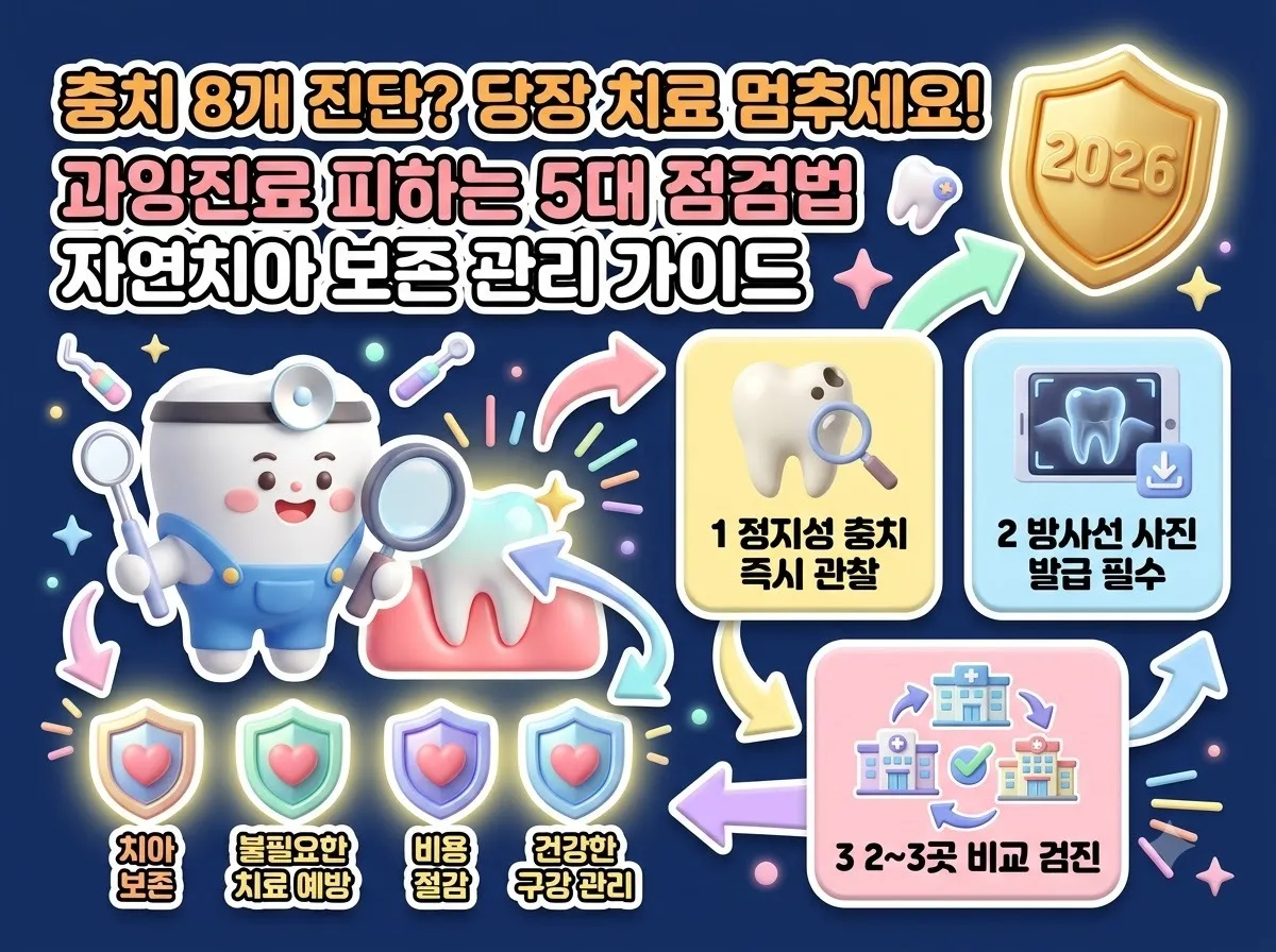 충치 과잉진료를 예방하고 자연치아를 안전하게 보존하기 위한 치과 선택 기준과 5가지 필수 구별법을 안내하는 인포그래픽 포스터 이미지입니다.
