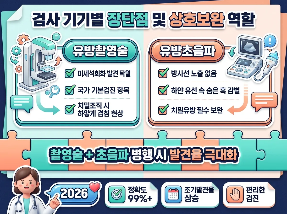 유방촬영술의 미세석회화 발견 장점과 유방초음파의 치밀유방 혹 감별 상호보완 효과를 비교한 인포그래픽