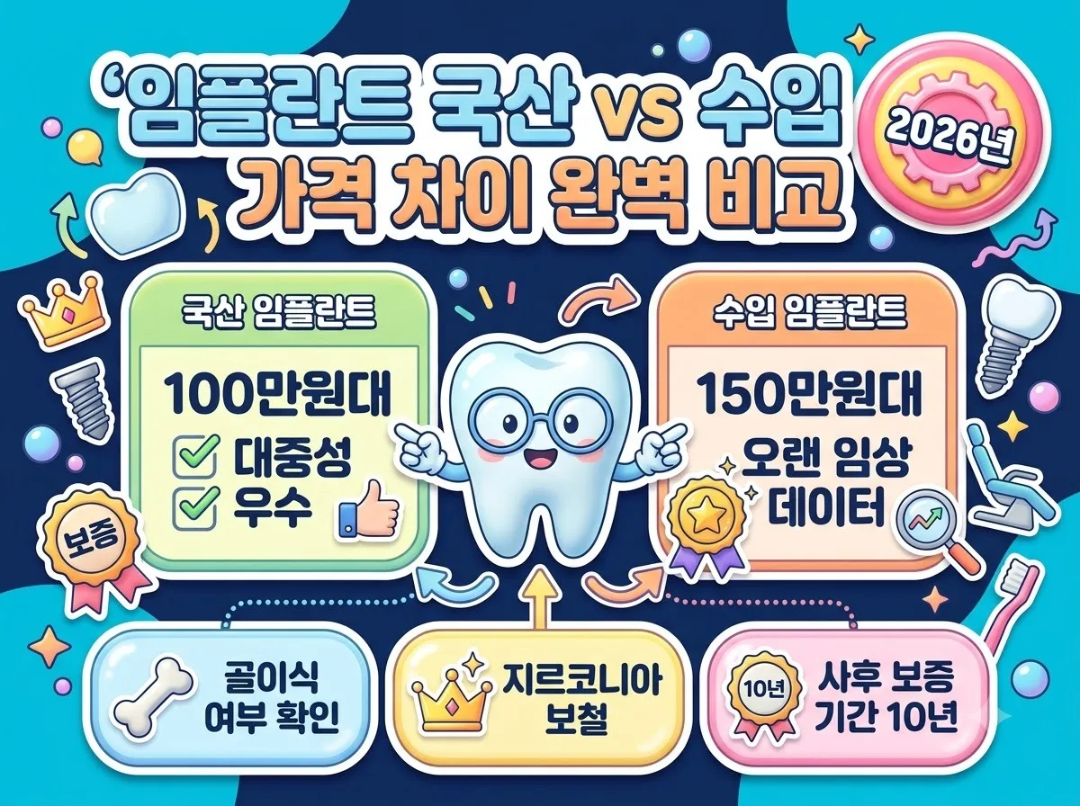 2026년 국산과 수입산 임플란트 비용 차이와 주요 선택 기준을 한눈에 비교 정리한 치과 시술 안내 인포그래픽 이미지