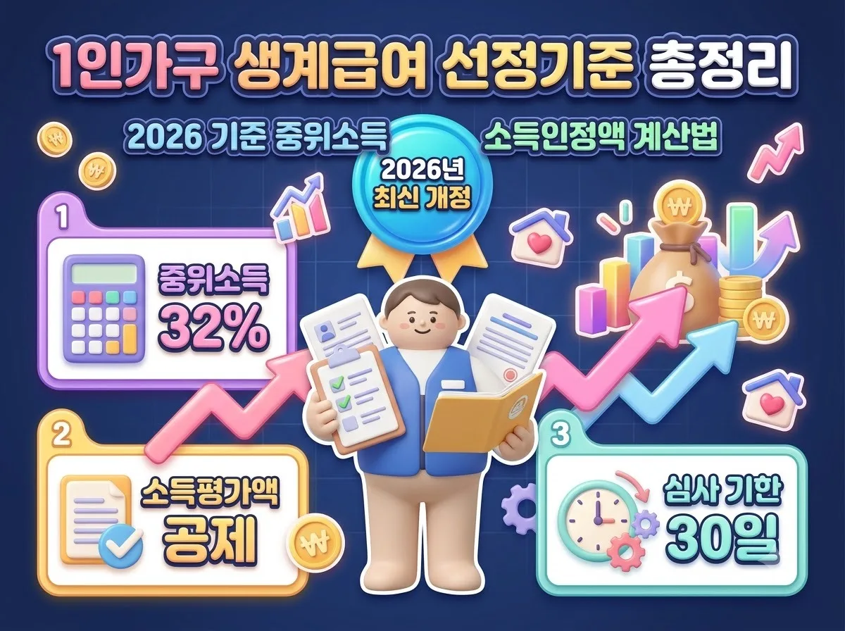 2026년 1인 가구 기초생활수급자 생계급여 선정기준과 소득인정액 계산 절차를 정리한 인포그래픽 포스터
