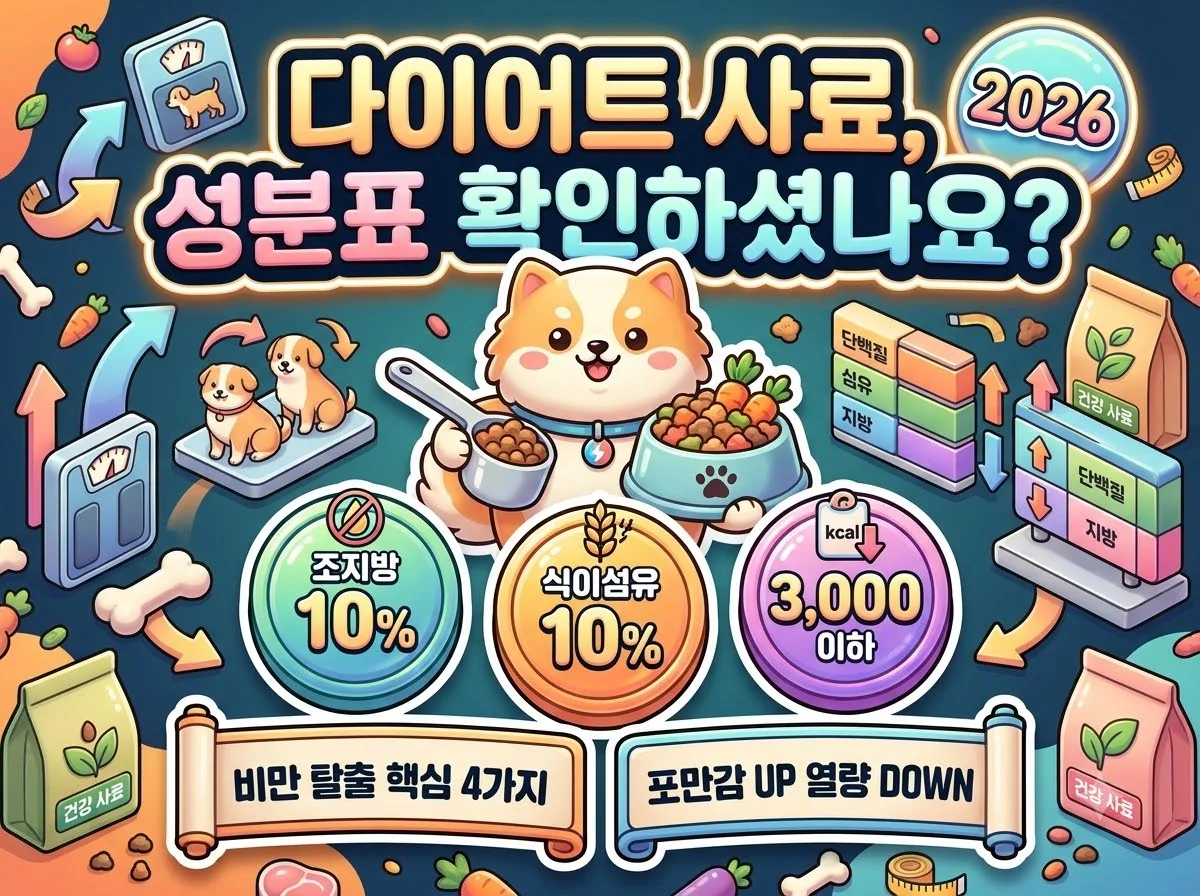 강아지 다이어트 사료 선택을 위한 핵심 영양 성분 기준과 비만 관리 팁을 한눈에 정리한 인포그래픽 포스터
