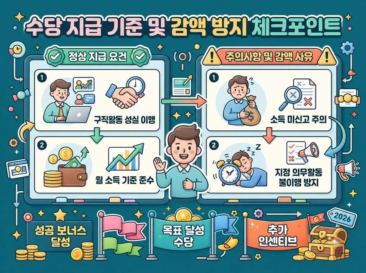 구직촉진수당 지급 기준과 감액 및 탈락 방지를 위한 주요 체크포인트 인포그래픽 비교표