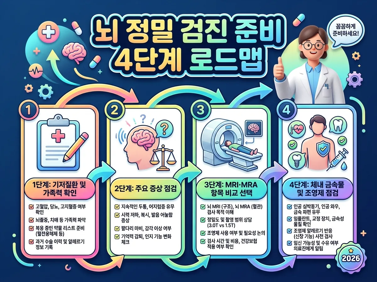 부모님 뇌 정밀 검진 전 반드시 확인해야 할 기저질환 체크부터 체내 금속물 확인까지 4단계 준비 절차 인포그래픽
