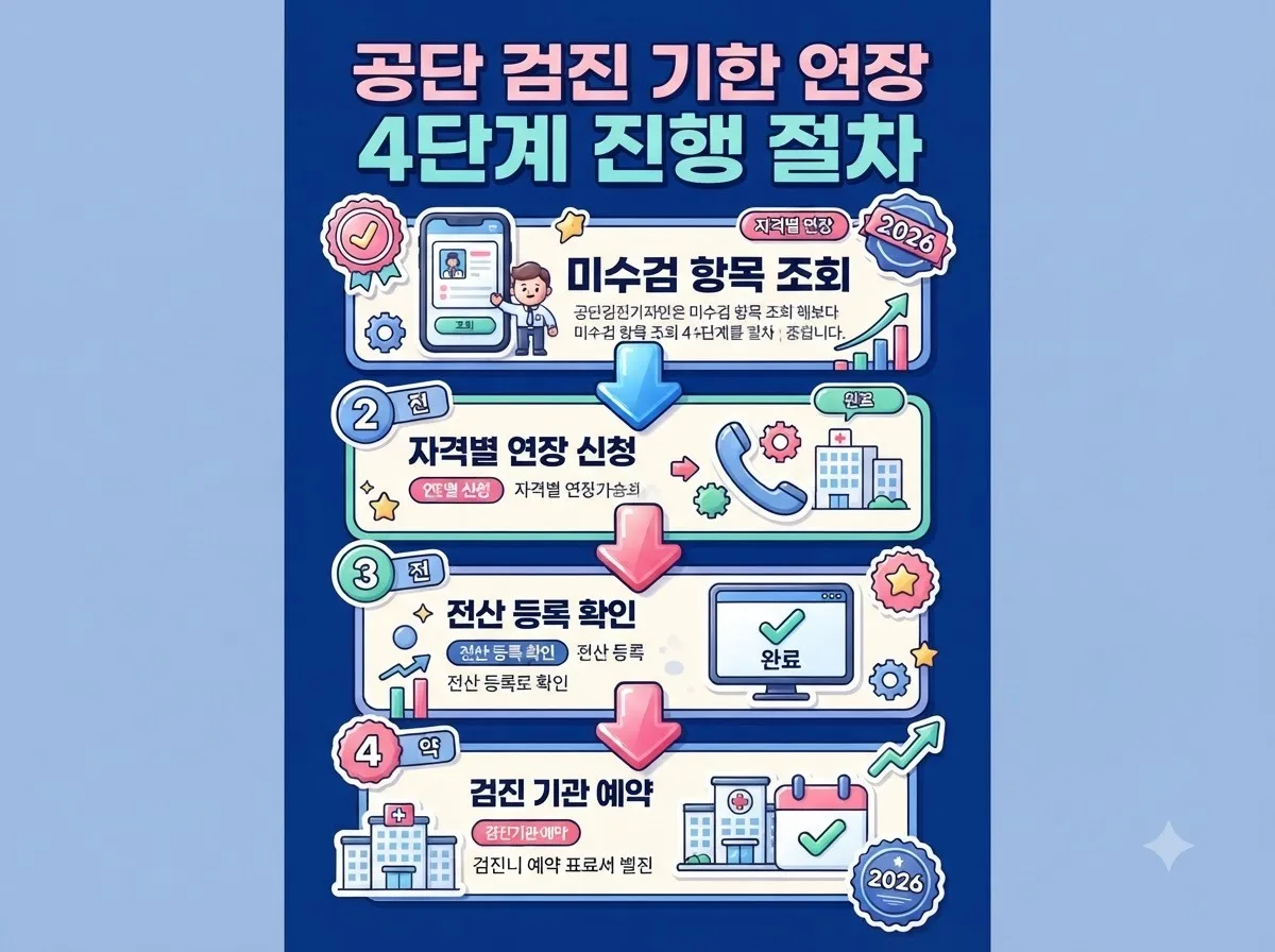 미수검 항목 조회부터 자격별 신청 전산 확인 검진 기관 예약까지 공단 검진 기한 연장 4단계 절차를 도식화한 인포그래픽입니다.