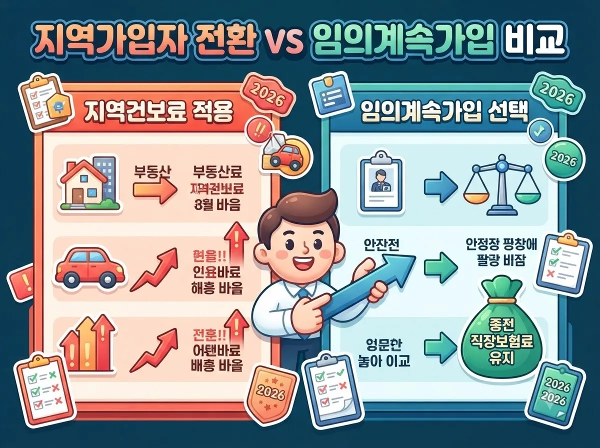 퇴직 후 지역건보료와 임의계속가입 적용 시의 보험료 산정 방식 및 절감 효과 비교 인포그래픽