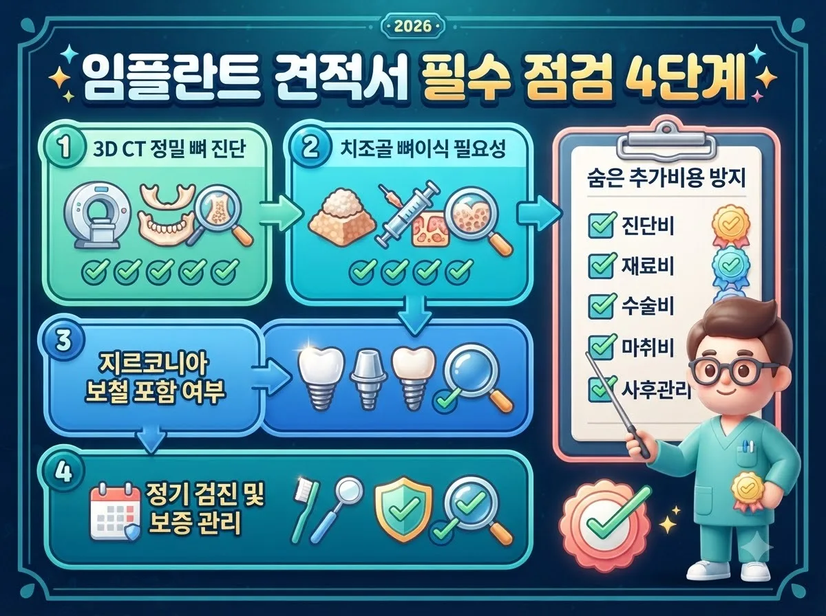 임플란트 견적서에서 뼈이식과 보철물 종류 및 정기 보증 비용을 사전에 확인하는 4단계 점검표 인포그래픽