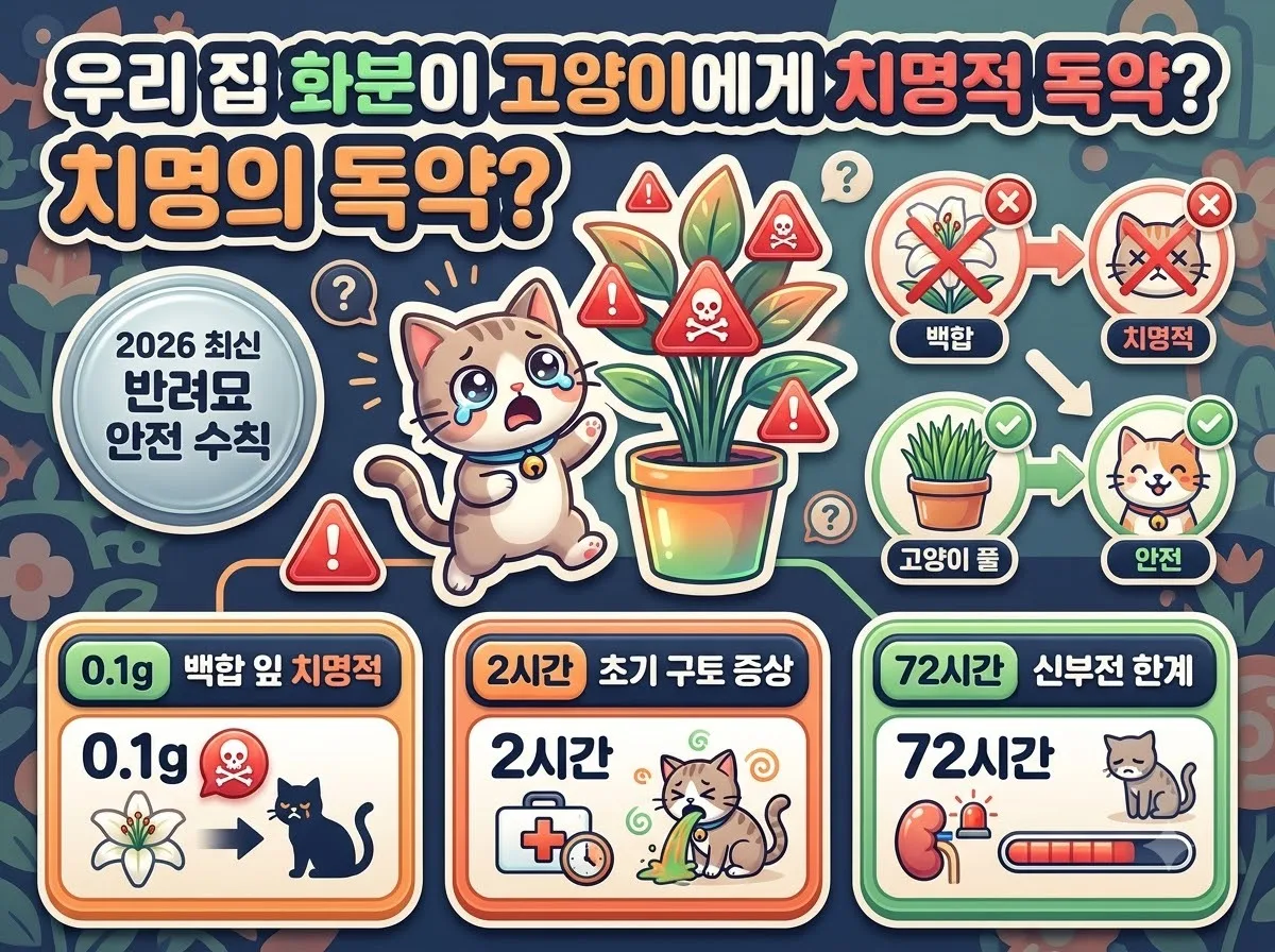 고양이에게 치명적인 실내 독성 식물과 백합 섭취 위험 수치를 알기 쉽게 정리한 2026 반려묘 안전 화분 가이드 인포그래픽입니다.