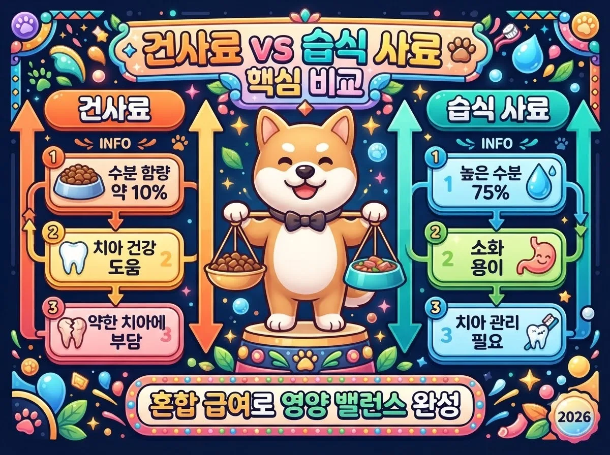 건사료와 습식 사료의 수분 함유량과 소화력 및 치아 건강 영향을 비교 분석한 반려견 맞춤 식단 정보성 인포그래픽입니다.