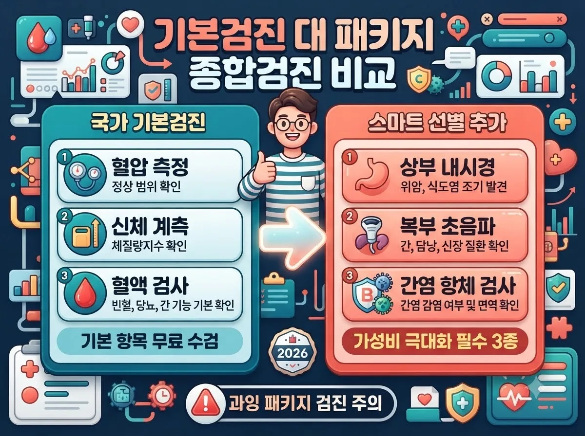국가기본검진과 고가 종합검진 패키지의 차이점을 비교하고 스마트한 선별 추가 항목을 설명하는 인포그래픽 이미지입니다.