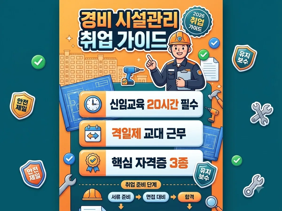 아파트 경비원 및 시설관리 취업을 위한 급여 체계와 필수 자격증 정보를 한눈에 요약한 안내 인포그래픽 포스터