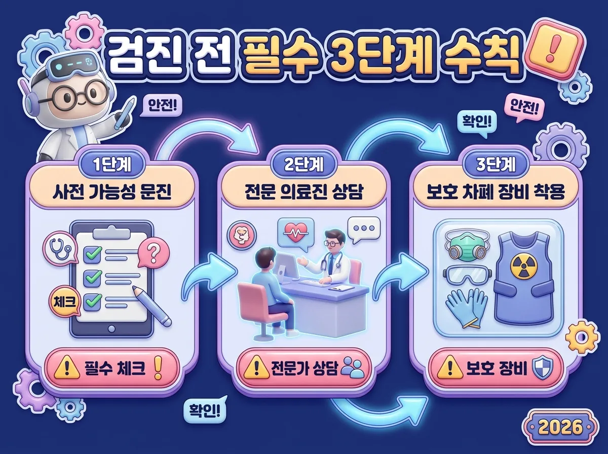 건강검진 시 안전한 진행을 위해 사전에 거쳐야 하는 문진 및 보호 절차 3단계 안내 인포그래픽