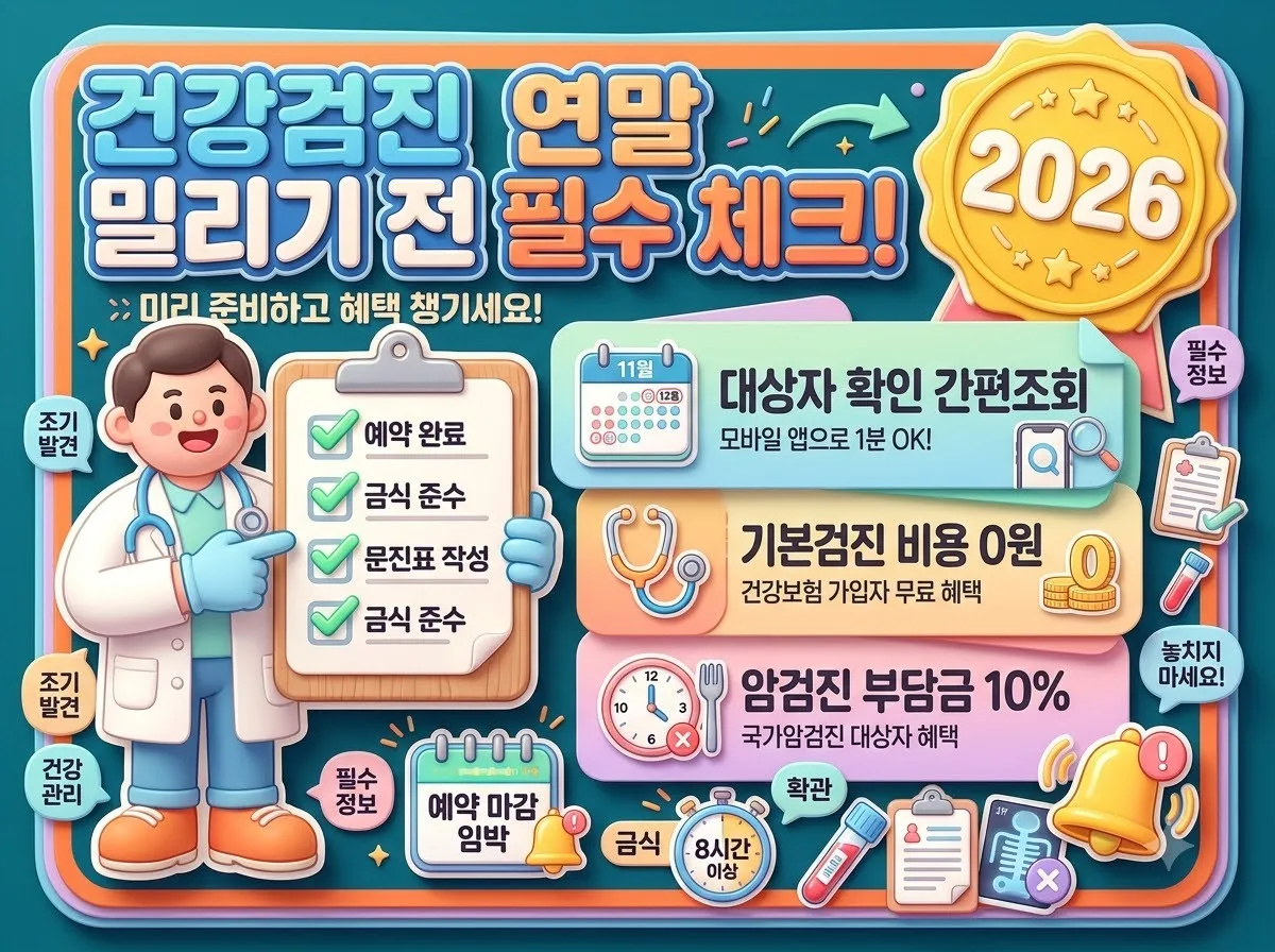 2026년 국가건강검진 대상자 조회 및 연말 마감 전 필수 체크리스트와 암검진 본인부담 비율을 정리한 인포그래픽 안내 이미지입니다.