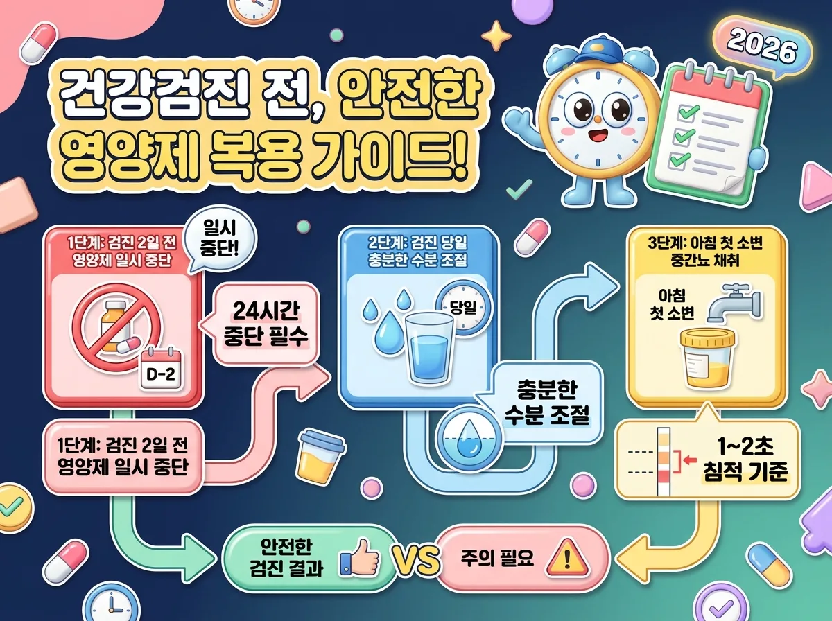 건강검진 소변검사의 정확도를 높이기 위한 영양제 복용 조절 단계별 일정과 중간소변 채취 수칙 안내 인포그래픽