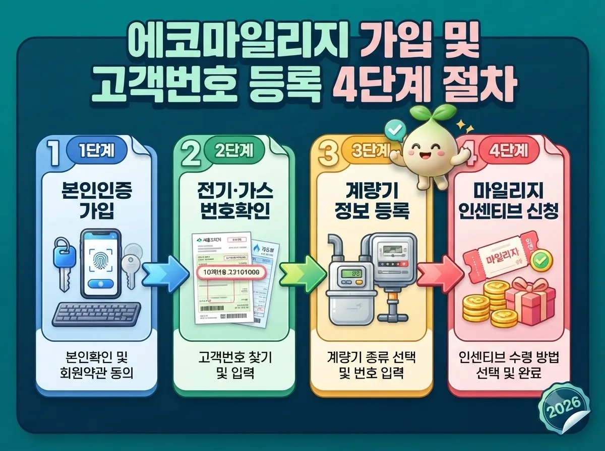 서울시 통합에코마일리지 가입부터 한전 및 도시가스 고객번호 등록과 인센티브 신청까지의 4단계 절차를 나타낸 이미지입니다.