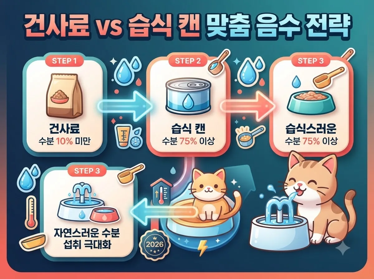 신부전 환묘의 음수량 관리를 위해 건사료와 습식 사료의 수분율을 비교하고 맞춤형 식단 구성 단계를 설명하는 인포그래픽 이미지입니다.