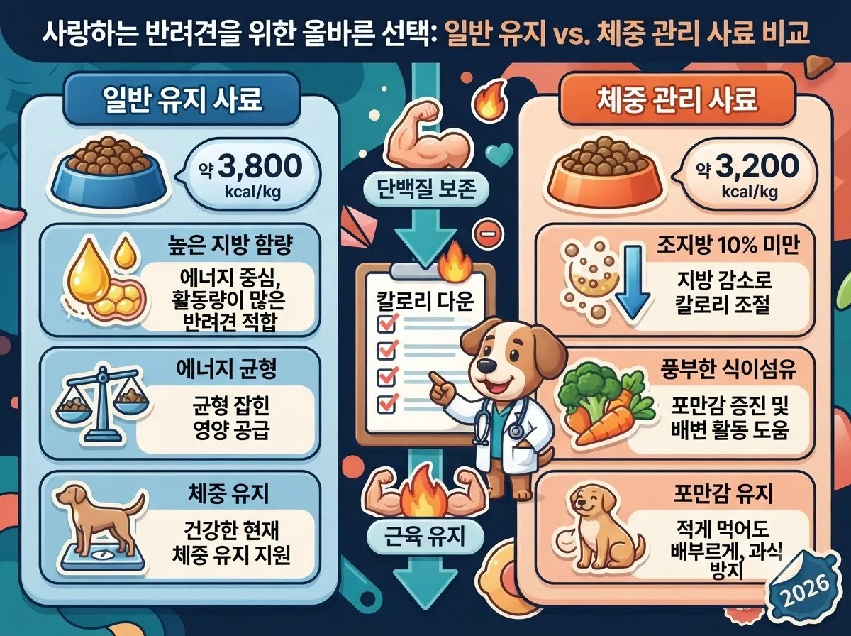 일반 유지 사료와 체중 관리 처방 사료의 지방 및 식이섬유 함량과 열량을 비교 분석한 영양 가이드 인포그래픽